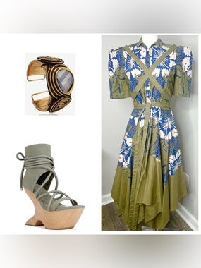 MAKING THE CUT Olive Green and Blue Fit-and-Flare Dress- SMALL